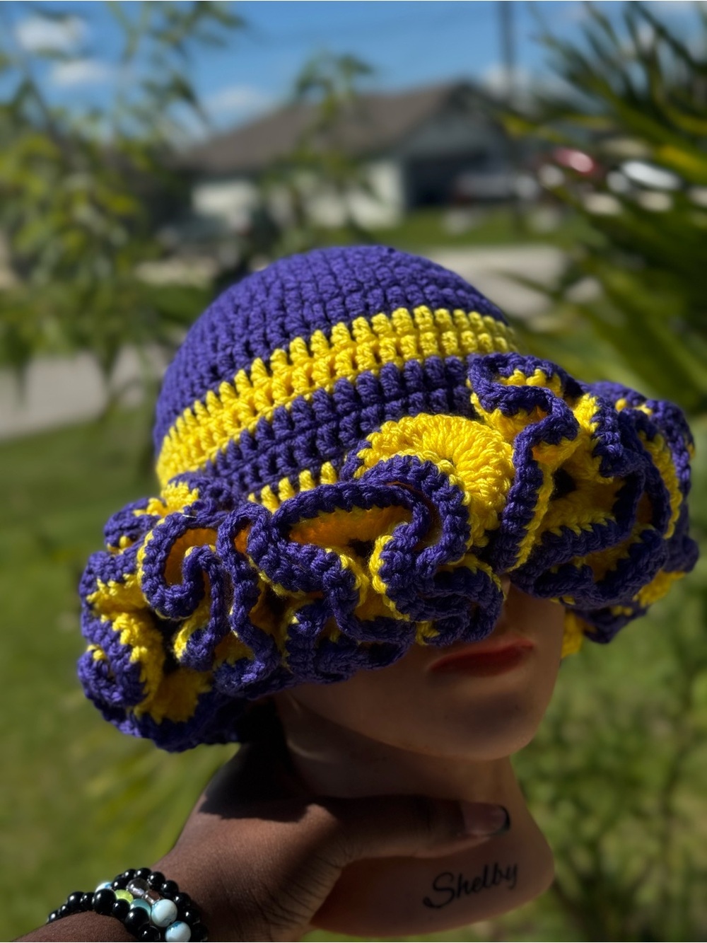Handmade Crochet Ruffled Bucket Hat in Purple & Yellow